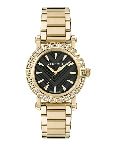 Versace Men's Swiss Greca Glam Gold Ion Plated Bracelet Watch 40mm In Black
