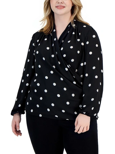 ANNE KLEIN PLUS WOMENS CHIFFON POLKA DOT BLOUSE