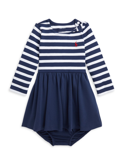 Polo Ralph Lauren Baby Girls Striped Stretch Ponte Dress And Bloomer Set In Newport Navy White