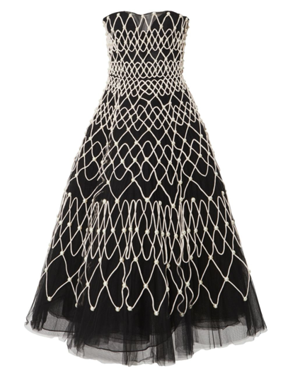 Carolina Herrera Embroidered Strapless Midi Dress In Black Pearl