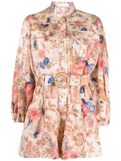 Zimmermann August Belted Floral-print Linen Playsuit In Yellow