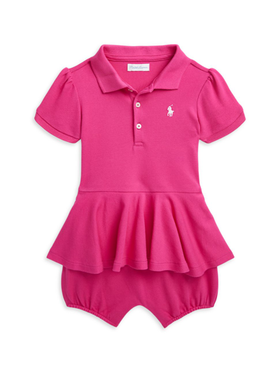 Polo Ralph Lauren Baby Girls Stretch Mesh Peplum Polo Shortall In Bright Pink