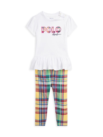Polo Ralph Lauren Baby Girl's Peplum T-shirt & Plaid Leggings Set In Sunshine Madras Bright Pink