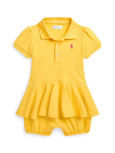 Polo Ralph Lauren Baby Peplum Cotton Mesh Playsuit In Chrome Yellow With Bright Pink