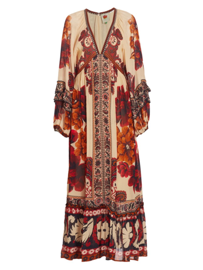 Farm Rio Winter Tapestry Plunging Neck Maxi Dress In Winter Tapestry Sand