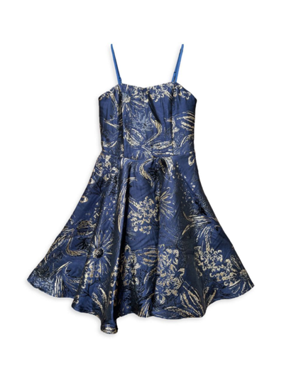 Un Deux Trois Girl's Floral Jacquard Dress In Navy