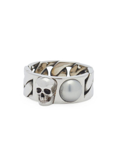 Alexander Mcqueen Men's Pearl And Skull Chain Ring In Antique Silver In Silver Pearl