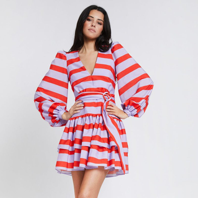 One33 Social Gathered Striped Crepe De Chine Mini Dress In Red