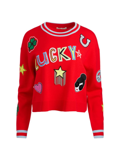 Alice And Olivia Gleeson Embellished Patch Pullover In Bright Ruby Stripe