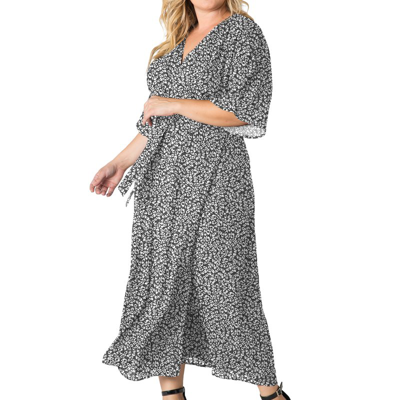 Standards & Practices Women's Plus Size Sparkler Print Kimono Wrap Maxi Dress In Grey