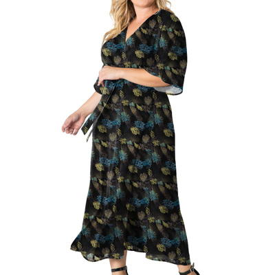 Standards & Practices Women's Plus Size Sparkler Print Kimono Wrap Maxi Dress In Black