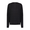 Minnie Rose Cotton Cashmere Cable Crew With Ottoman Stripe Sleeve Sweater In Black