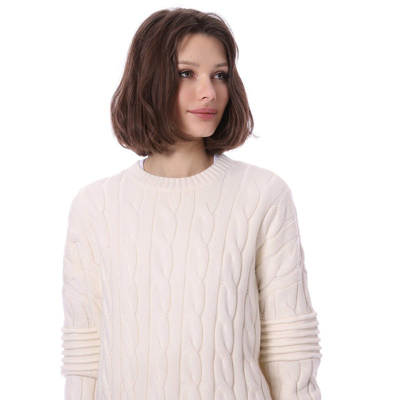 Minnie Rose Cotton Cashmere Cable Crew With Ottoman Stripe Sleeve Sweater In White