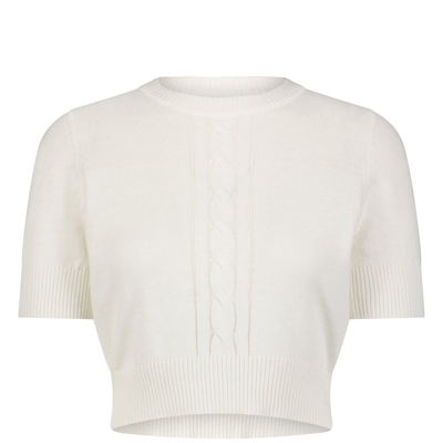 Minnie Rose Cotton Cashmere Short Sleeve Cropped Center Cable Sweater In White