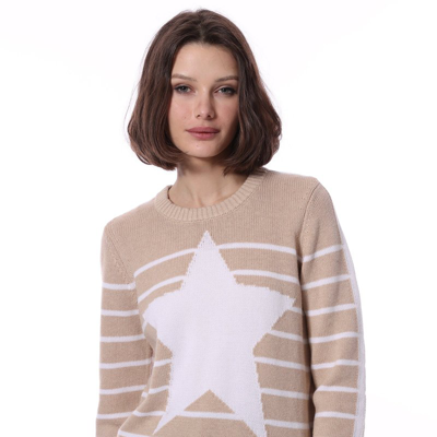 Minnie Rose Cotton Cashmere Striped Star Crewneck Sweater In Brown