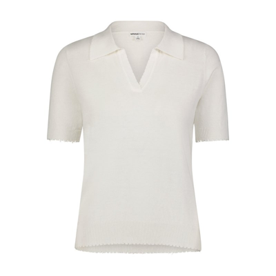 Minnie Rose Cotton Cashmere Short Sleeve Frayed Polo In White