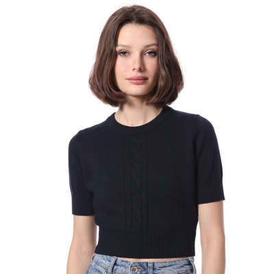 Minnie Rose Cotton Cashmere Short Sleeve Cropped Center Cable Sweater In Blue