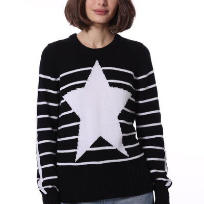 Minnie Rose Cotton Cashmere Striped Star Crewneck Sweater In Black