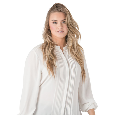 Standards & Practices Women's Plus Size Tuxedo Pleat High Low Chiffon Blouse In White