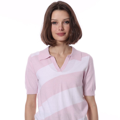 Minnie Rose Cotton Cashmere Short Sleeve Striped Frayed Polo Tee In Pink