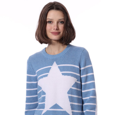Minnie Rose Cotton Cashmere Striped Star Crewneck Sweater In Blue