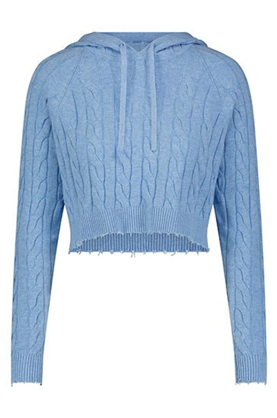 Minnie Rose Cotton Cropped Frayed Cable Hoodie In Blue