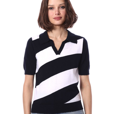 Minnie Rose Cotton Cashmere Short Sleeve Striped Frayed Polo Tee In Blue