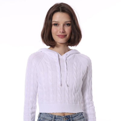 Minnie Rose Cotton Cropped Frayed Cable Hoodie In White