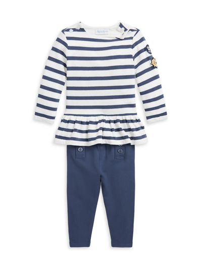 Polo Ralph Lauren Baby Girls Striped Jersey T-shirt And Leggings Set In Rustic Navy,deckwash White