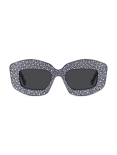 Loewe Women's Anagram 49mm Crystal Rectangular Sunglasses In Navy Blue Smoke