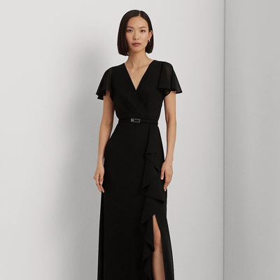 Ralph Lauren Belted Georgette Flutter-sleeve Gown In Black