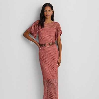 Lauren Petite Belted Linen-blend Pointelle-knit Dress In Pink Mahogany