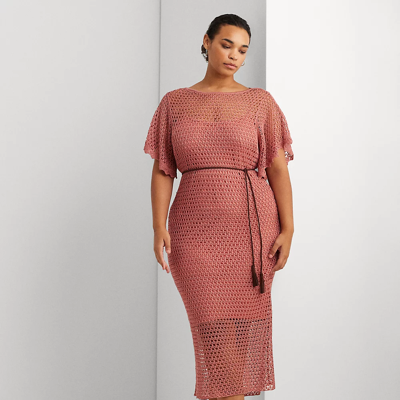 Lauren Woman Belted Linen-blend Pointelle-knit Dress In Pink Mahogany