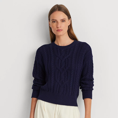 Lauren Petite Cable-knit Cotton Crewneck Sweater In Refined Navy