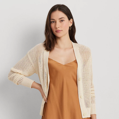 Lauren Petite Linen-blend Rib-knit Cropped Cardigan In Mascarpone Cream