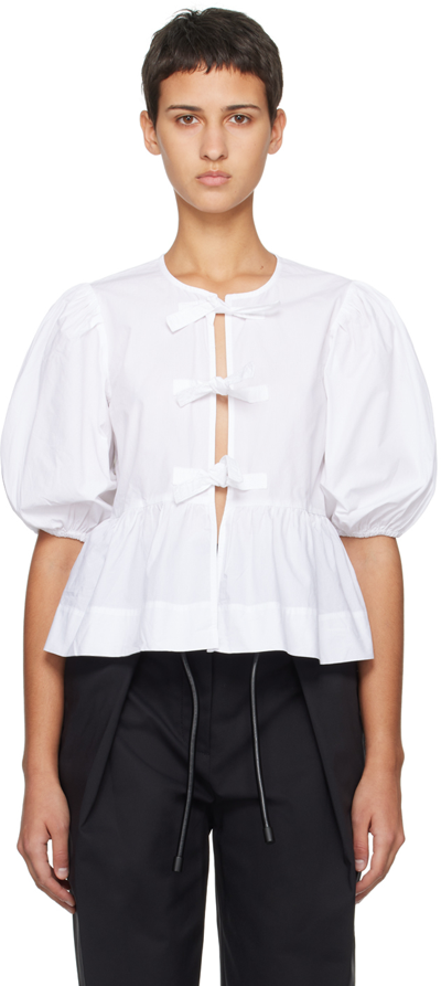 Ganni Tie-front Puff-sleeve Organic-cotton Blouse In White