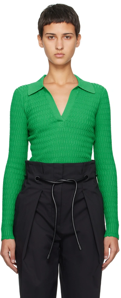 3.1 Phillip Lim Honeycomb Stitch Long-sleeve Polo Top In Grass
