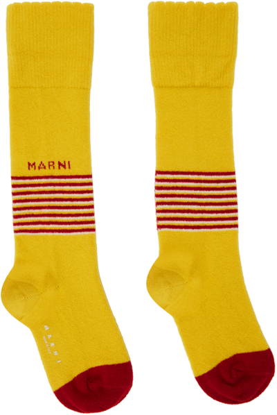 Marni Logo提花条纹针织袜 In Yellow