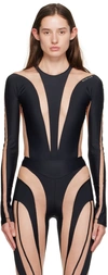 Mugler Illusion Inset Long Sleeve Bodysuit In 19991 Black Nude 01