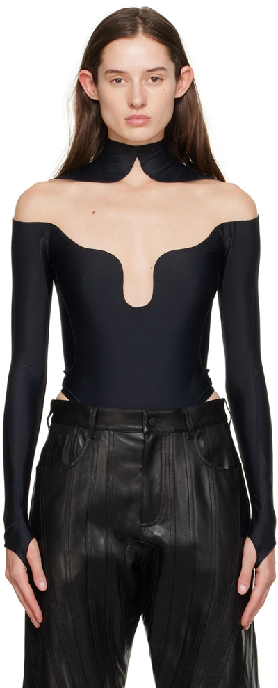 Mugler Black Wavy Bodysuit In B99n1 Black/nude01