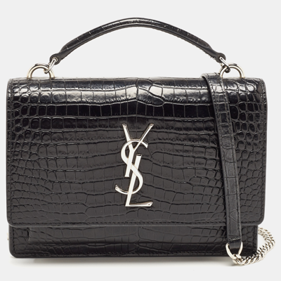 Pre-owned Saint Laurent Black Croc Embossed Leather Sunset Chain Wallet Bag