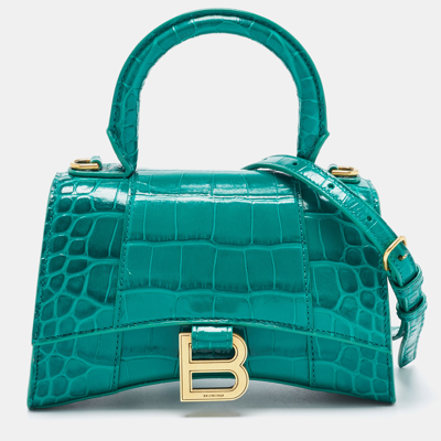 Pre-owned Balenciaga Green Croc Embossed Leather Xs Hourglass Top Handle Bag