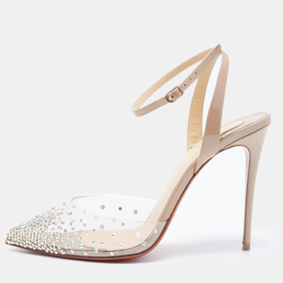 Pre-owned Christian Louboutin Beige Patent Leather And Pvc Spikaqueen Ankle Strap Pumps Size 37.5