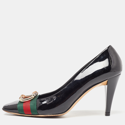 Pre-owned Gucci Black Patent Leather Web Bamboo Buckle Pumps Size 39.5