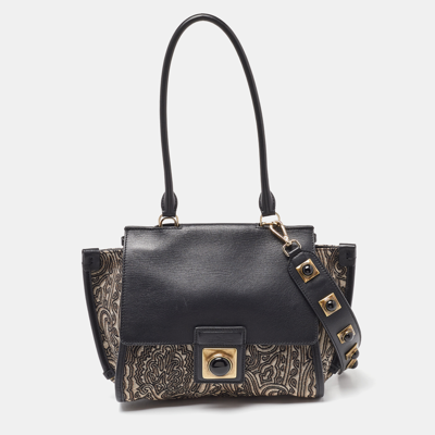 Pre-owned Etro Black/grey Paisley Print Canvas And Leather Studded Flap Top Handle Bag