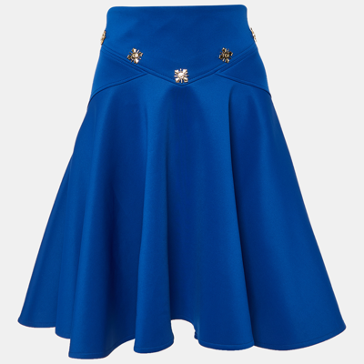 Pre-owned Versace Blue Jersey Embellished Detail Flared Mini Skirt M