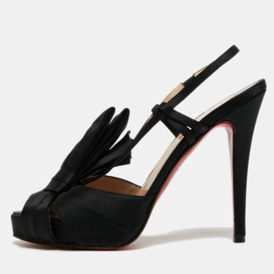 Pre-owned Christian Louboutin Black Satin Bow Slingback Sandals Size 37.5