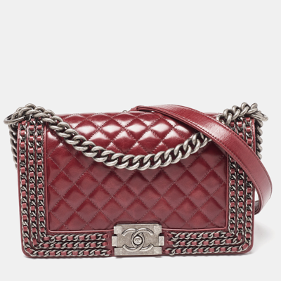 Pre-owned Chanel Red Quilted Leather Medium Interlaced Chained Boy Flap Bag