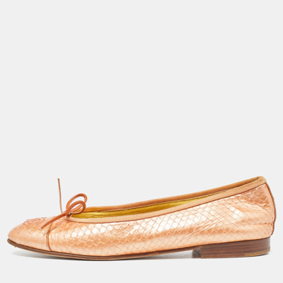 Pre-owned Chanel Pearl Orange Python Cc Bow Ballet Flats Size 36.5