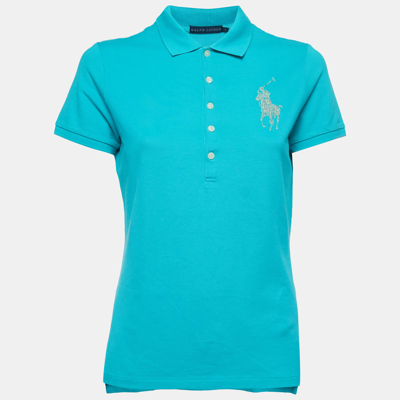 Pre-owned Polo Ralph Lauren Teal Blue Cotton Glitter Logo Polo T-shirt L